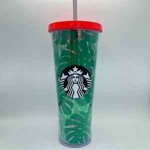 Starbucks Tropical Leaves Venti Cold Drink Tumbler 24 oz Green & Metallic Lace